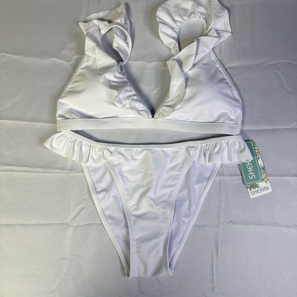 NWT Shekini 1262-15-S White Ruffle Halter Neck Bikini Swimwear Small